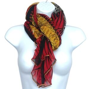Vintage Style Floral Wrap Shawl Scarf Womens OS Baroque Sheer Red Gold Black